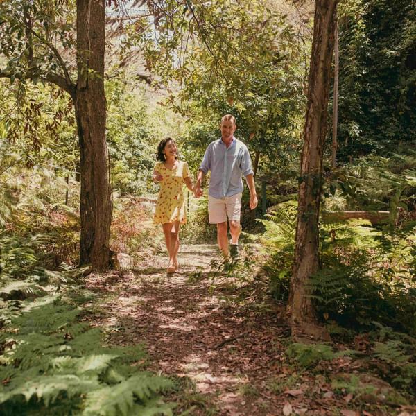 Couple walking through Fern Gully Burrendong Arboretum