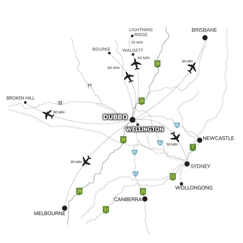 Find your way to the Dubbo Region by rail, air or road.